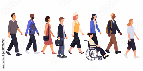 Diverse group of people walking forward in a colorful illustration