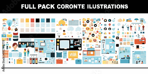 Coronte illustrations pack displaying various colorful graphic elements and icons