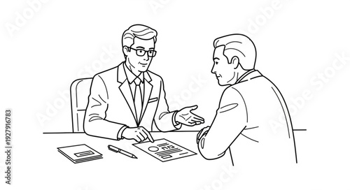 Two Men Discussing Documents at Table.