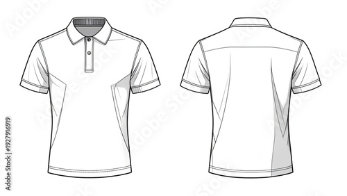 Men’s polo shirt technical flat sketch showing front and back views casual short sleeve apparel line art vector template