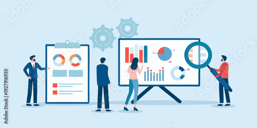 Team analyzing data and charts with technology and collaborative concepts