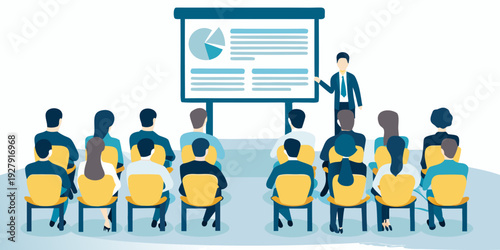 A business presentation is given to an audience in a conference setting