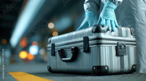 Investigation in Progress: A scene of professional in protective gear handling a metallic case with care, in an environment suggesting careful forensic work and scientific exploration.