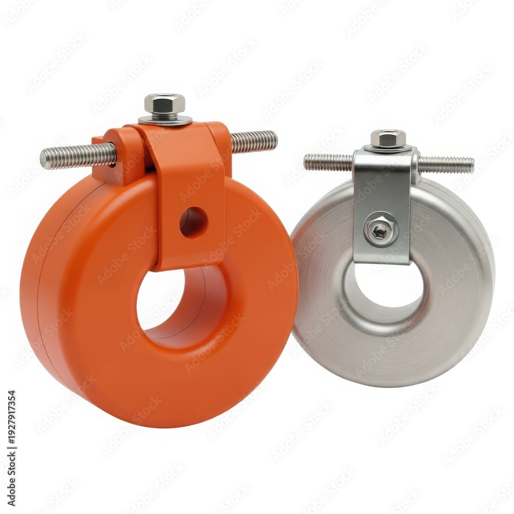 Obraz premium Two different types of orange and silver cable clamps with screws for secure connections