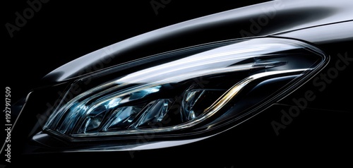 The Car Headlight Closeup Showing Sleek LED Design and Chrome Detailing on Black Body