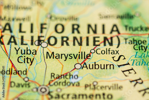 Εκτύπωση καμβά Close up map of Northern California showing Marysville Auburn region