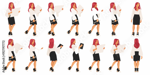 Multiple iterations of a woman walking and reading documents