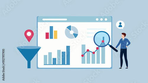 Data analysis concept with a man examining charts on a computer screen