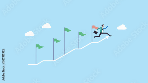A businessperson runs up a series of green flags representing growth