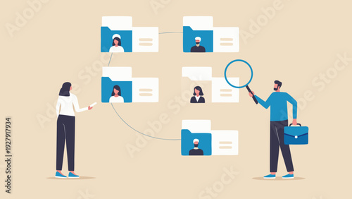 Recruiting process illustrated with people and file folders connected by lines