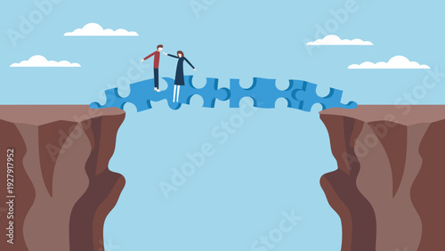 Two businesspeople connecting puzzle pieces to bridge a significant gap