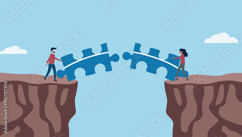 Two people connect puzzle pieces bridging a gap between rocky cliffs