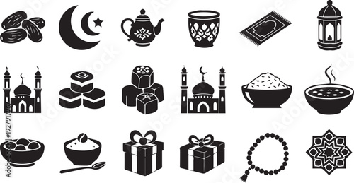 Ramadan and Islamic Culture Icon Set - Halal Food, Mosque Architecture, Prayer Rug, Rosary, and Gift Box Solid Black Vector Symbols