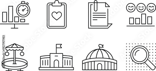 Black line icons, stopwatch, health clipboard, document, survey chart, carousel, stadium, domed building, magnifying glass, data, wellness, research