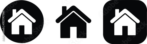 Set of three minimalist black and white home icons featuring a white house in a circle, a solid black house, and a white house in a rounded square.