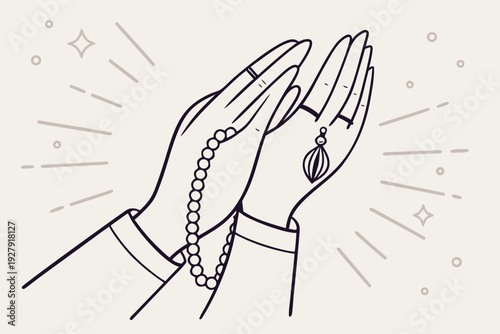 Elegant vector illustration of dua hands with prayer beads and jewelry, symbolizing faith and devotion