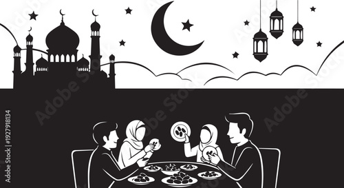 Muslim Family Iftar Dinner Silhouette - Ramadan Kareem Celebration with Mosque Architecture, Crescent Moon, and Lanterns Vector Illustration