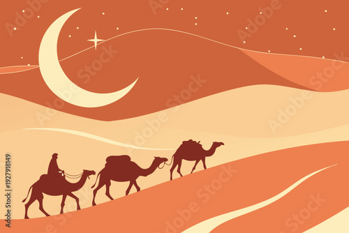 Desert Caravan at Night with Crescent Moon and Stars