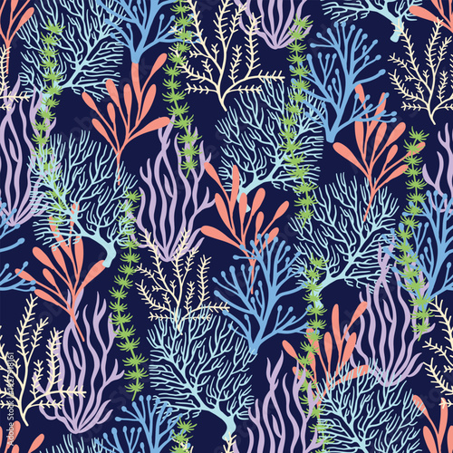 Vibrant underwater coral reef seamless pattern on navy blue background