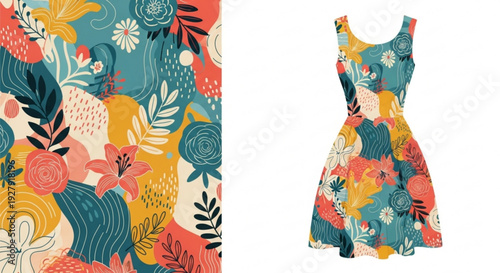 Vibrant floral dress with colorful pattern and sleeveless design on white background close up of fabric texture