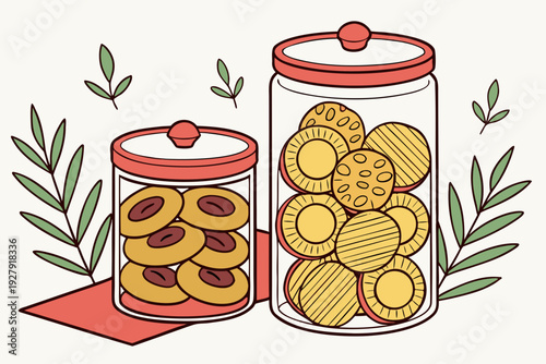 Two jars filled with delicious traditional kuih cookies and leafy sprigs