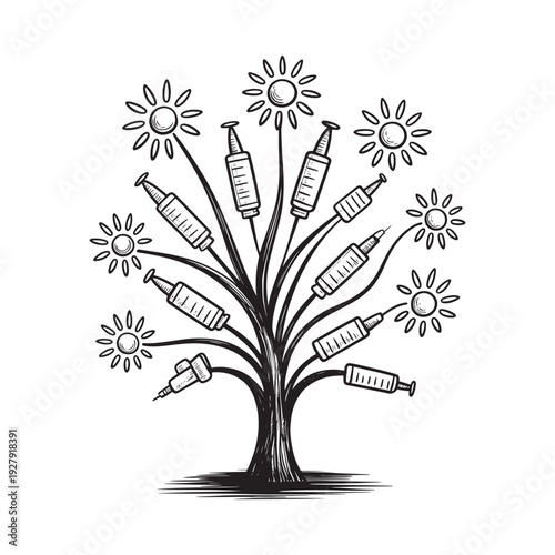 A whimsical black and white illustration depicts a tree with chairs growing instead of blossoms high quality