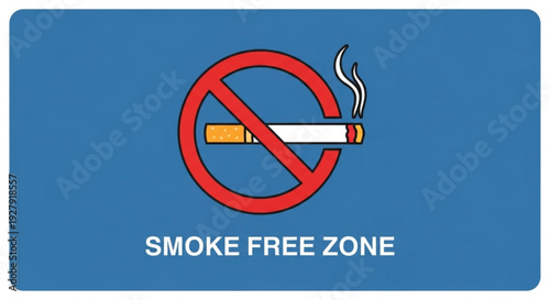 No smoking sign with cigarette and smoke on blue background indicating smoke free zone