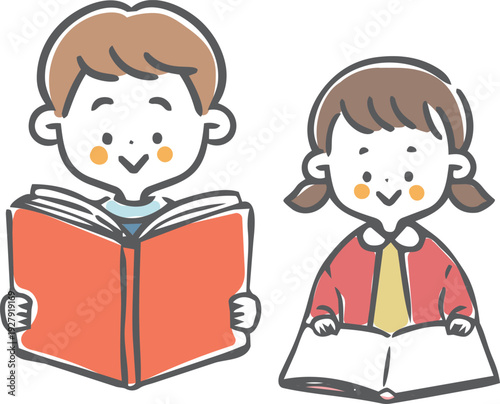 本を読む男の子と女の子　ベクター