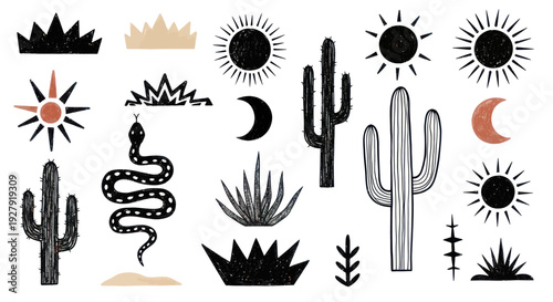 Bohemian Desert Elements Collection with Cacti Sun Moon Snake.