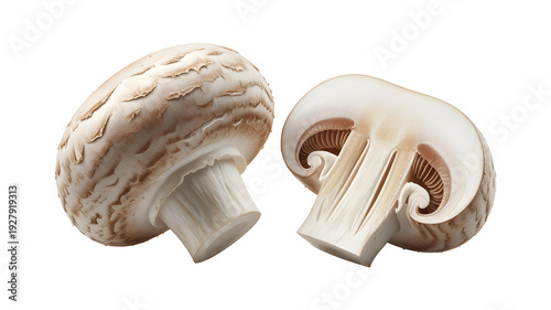 Two white mushrooms with brown gills on a plain white background