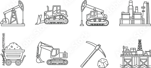 Oil and Mining Industry Line Icons Set Featuring Pumpjack Bulldozer Excavator Refinery Offshore Rig and Extraction Equipment Vector Collection