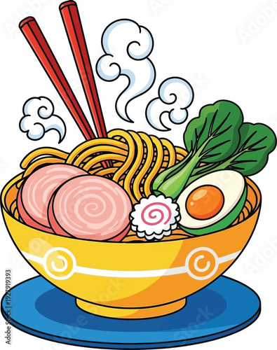 Steaming bowl of ramen noodles with vegetables and meat chopsticks 1