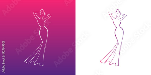 Logotipo de boutique de moda femenina. Dibujo sencillo con líneas de una mujer de pie con los brazos levantados con un vestido color violeta, vista de perfil 