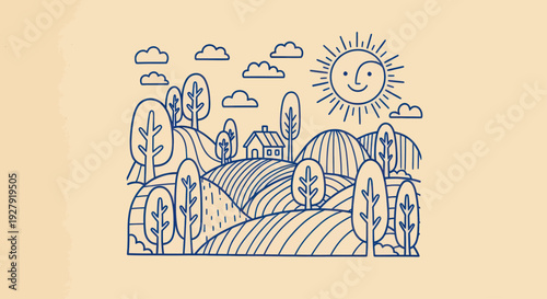 Charming Hand-Drawn Rural Landscape with Rolling Hills and a Smiling Sun.