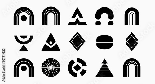 Collection of abstract geometric shapes and symbols in black and white.