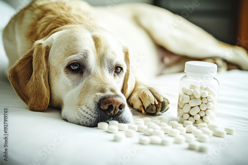A Labrador retriever lies on a bed, gazing at a pile of spilled dog supplements with a container nearby, evoking a calm atmosphere