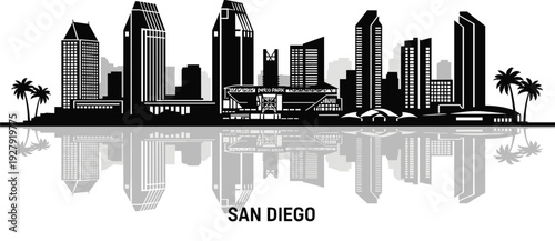 Black and white cityscape of San Diego skyline with palm trees and reflections buildings skyscrapers 1