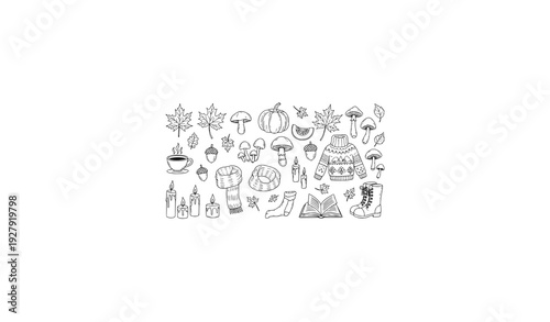 Autumn Mood Board Doodle Clip Art – Cozy Fall Line Art Vector