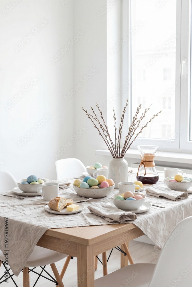 Fototapeta premium Bright dining table set with bowls of pastel eggs, coffee cups, bread and butter. Soft daylight from the window creates a clean spring holiday breakfast scene. High quality photo