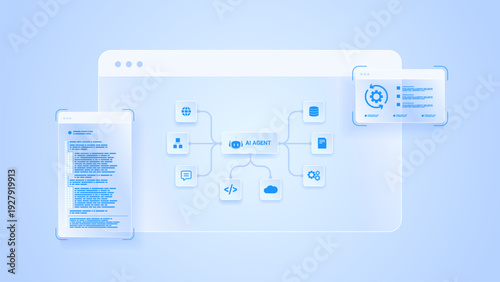 AI workflow automation artificial intelligence. ai agent workflow diagram dashboard flow processing nodes, coding panels, and system integration.