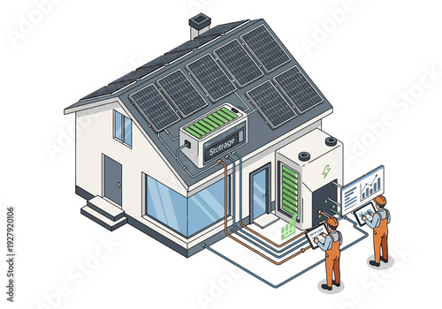 Sustainable energy house with solar panels and battery storage system connected to the grid