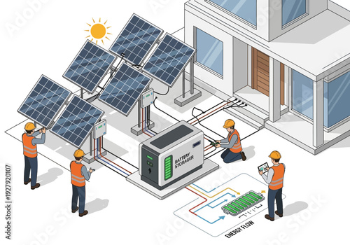 Renewable energy installation technicians setting up solar panels and battery storage for a residential building