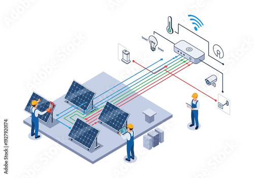 Smart home energy management system with solar panels and integrated technology for efficient power distribution and automation