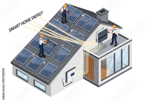 Illustration of smart home energy system with solar panels being installed by workers on a rooftop, showcasing renewable electricity generation