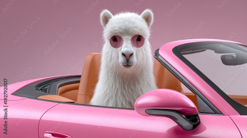 Fototapeta premium A white llama is sitting in a pink convertible car. The car is pink and has a pink interior. The llama is wearing sunglasses and he is enjoying the ride