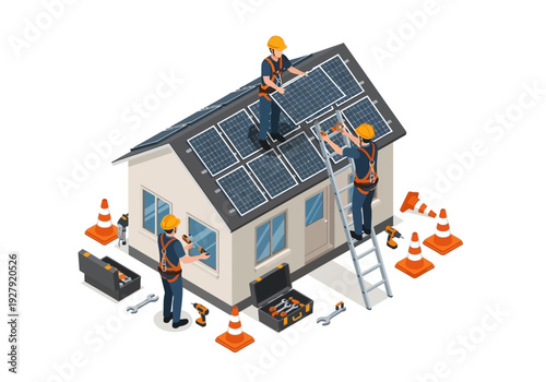 Installation of solar panels on a residential house roof by construction workers using specialized tools and safety equipment