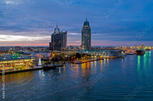 Aerial view of Mobile, Alabama at twilight