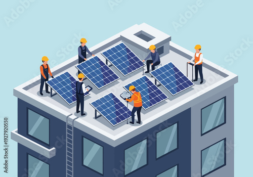 Solar panel installation on a building rooftop by a team of technicians in a city setting, promoting renewable energy