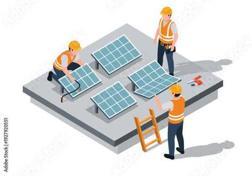 Solar panel installation, renewable energy, and sustainable power generation concept with construction workers
