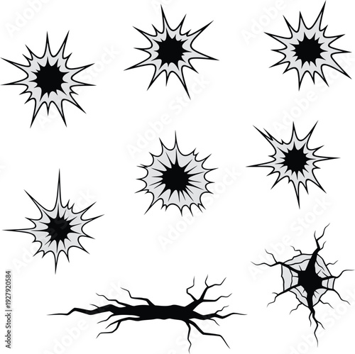 Set of black and gray explosion and crack graphic elements